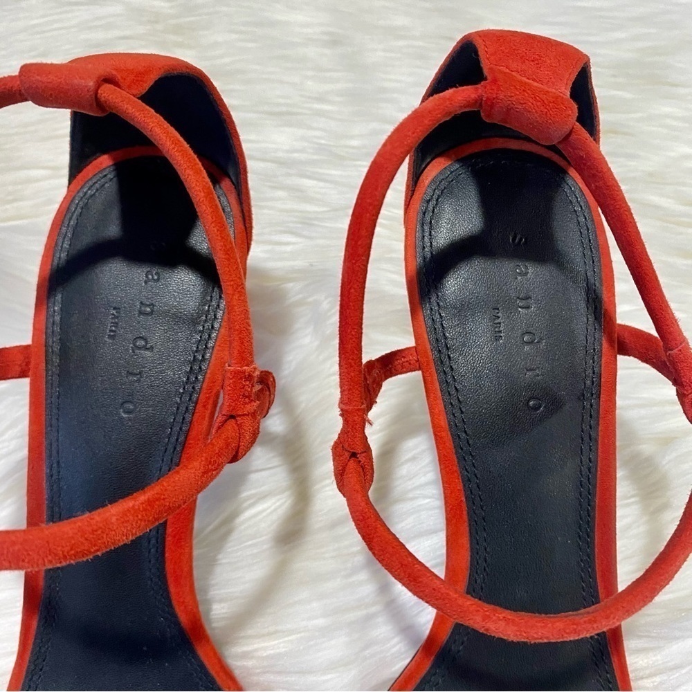 Sandro‎ Amel Suede Mid-Heel Strappy Sandal in Red 39 - Picture 8 of 10